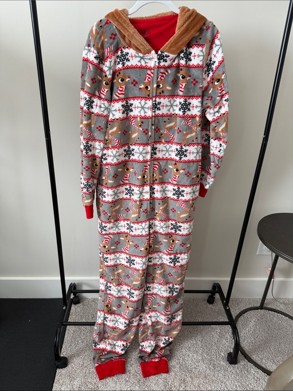 Cozy Adult Red & Gray Rudolph Reindeer Fleece Onesie Pajamas